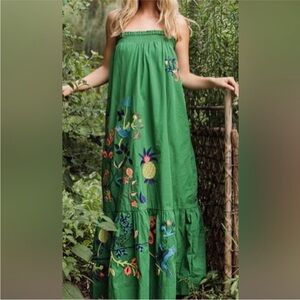 Anthropologie Green Maxi Dress with Floral Embroidery